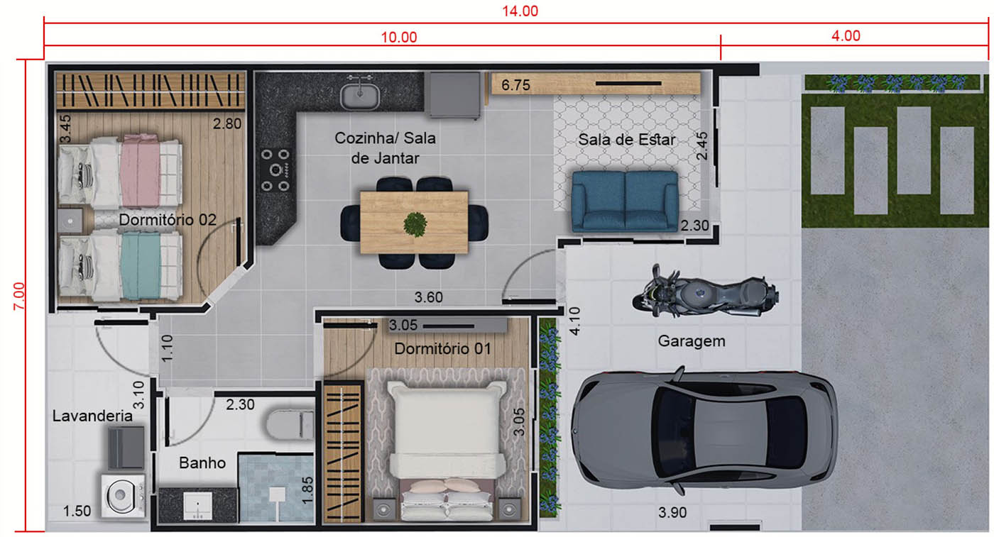 Projeto de casa térrea com 70m². Planta para terreno 7x14