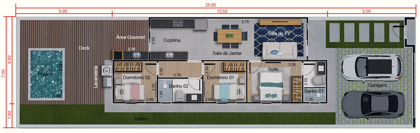 Planta de 65m² com 3 quartos. Planta para terreno 7x25