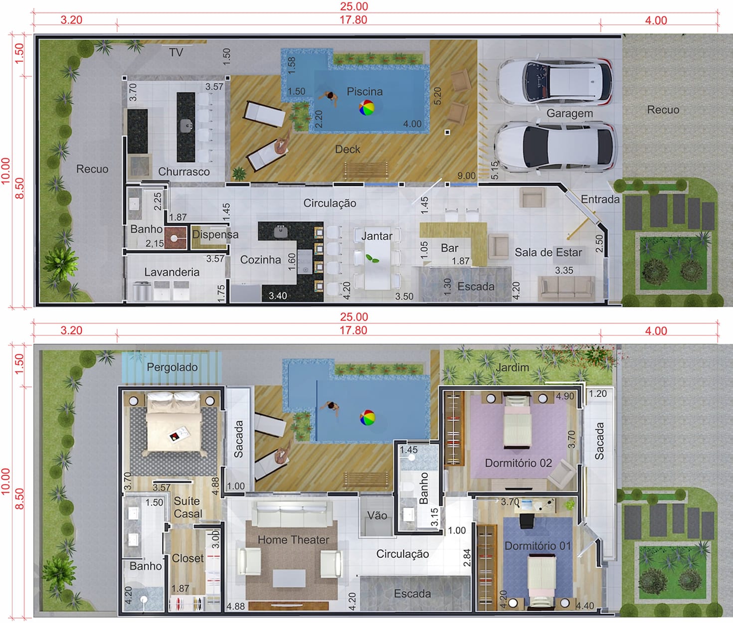 Projeto de sobrado em L com área gourmet. Planta para terreno 10x25