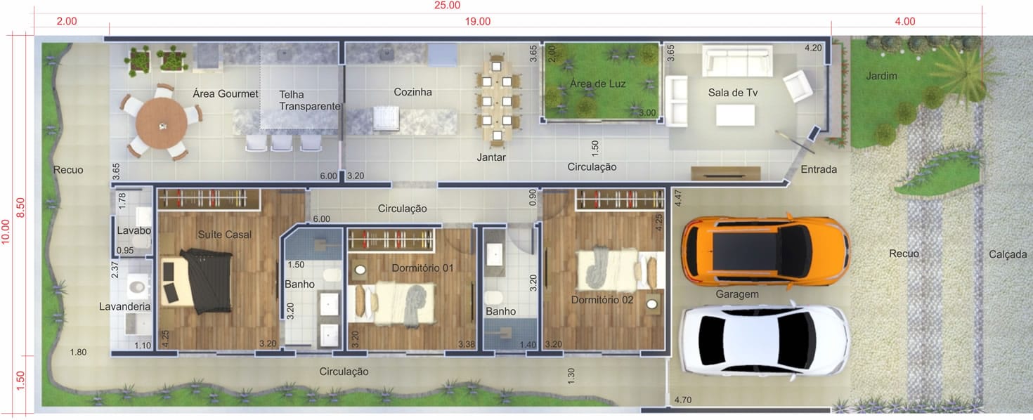 Planta de casa térrea contemporânea. Planta para terreno 10x25