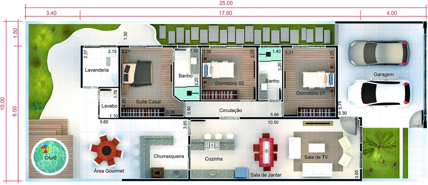 Planta de casa com portão de madeira. Planta para terreno 10x25