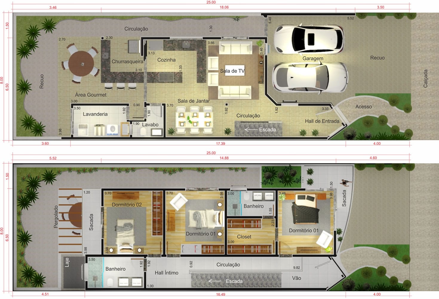 Projeto de sobrado com fachada de vidro. Planta para terreno 8x25