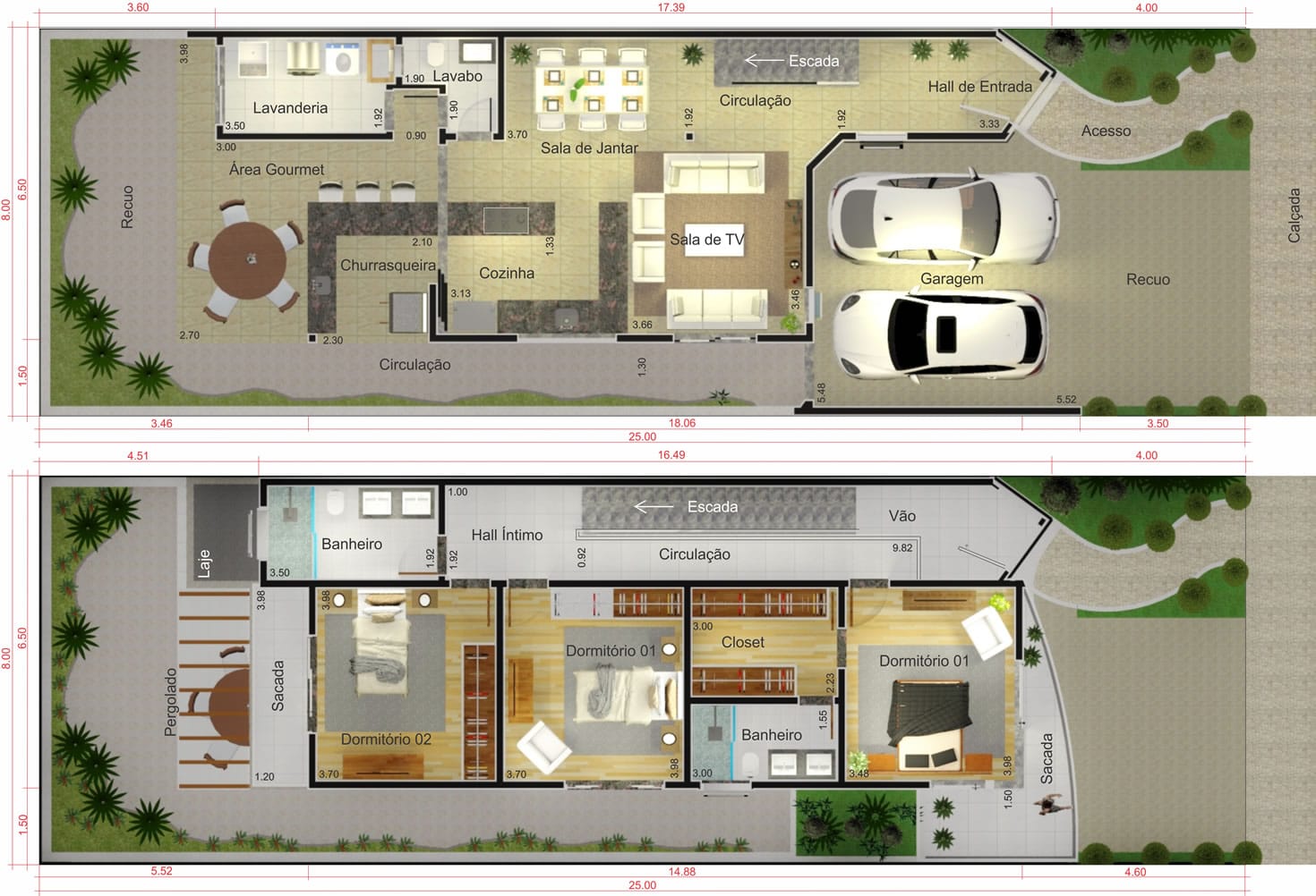 Projeto de sobrado com fachada de vidro. Planta para terreno 8x25