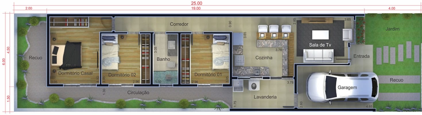 Planta de casa simples com garagem. Planta para terreno 6x25