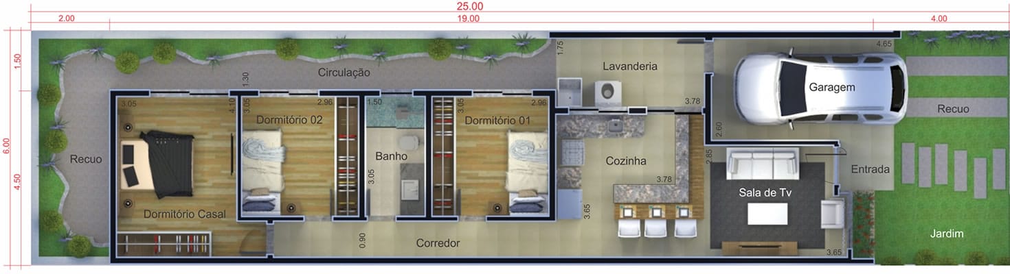 Planta de casa simples com garagem. Planta para terreno 6x25