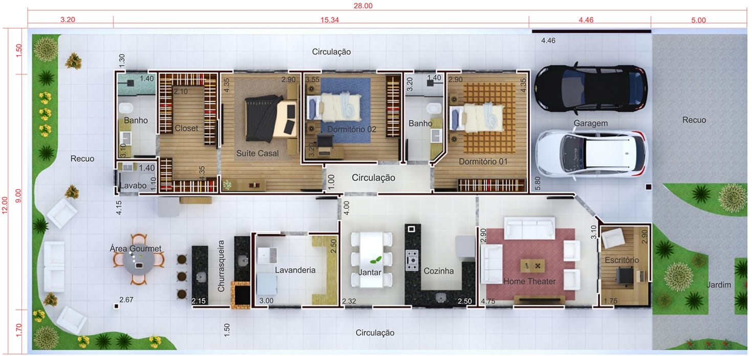 Planta de casa térrea com escritório. Planta para terreno 12x28