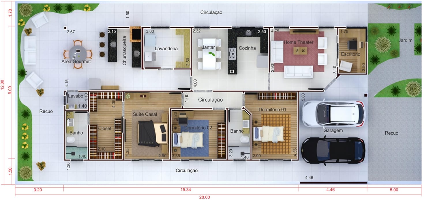 Planta de casa térrea com escritório. Planta para terreno 12x28