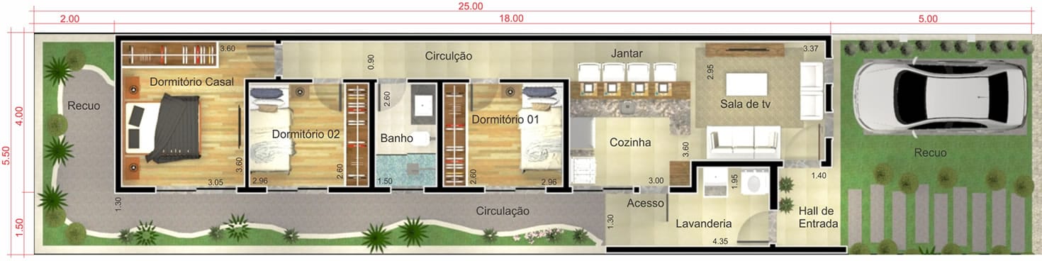 Planta de casa simples e moderna. Planta para terreno 5,50x25