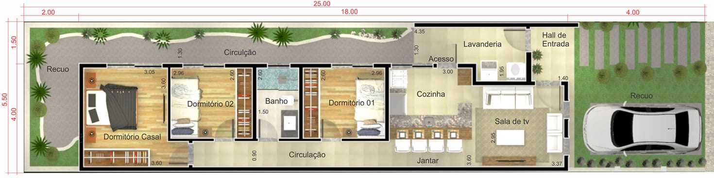 Planta de casa simples e moderna. Planta para terreno 5,50x25