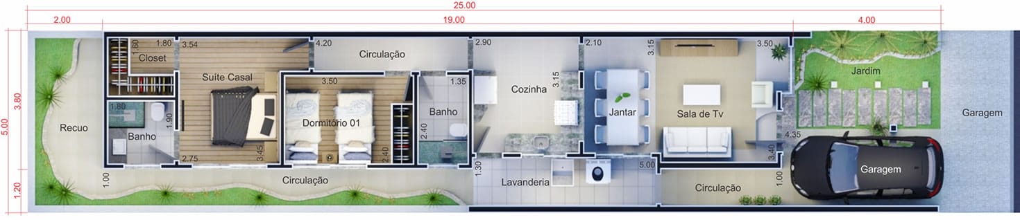 Planta de casa pequena. Planta para terreno 5x25