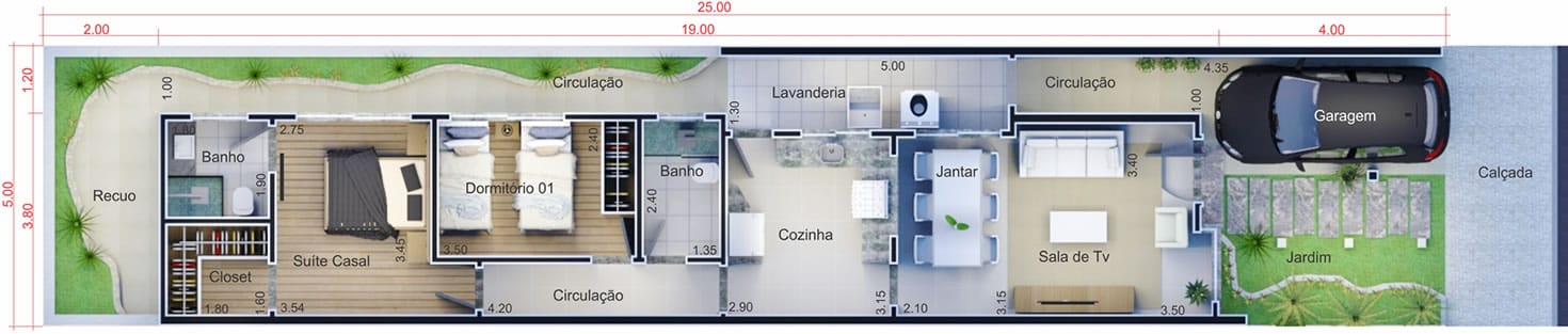 Planta de casa pequena. Planta para terreno 5x25