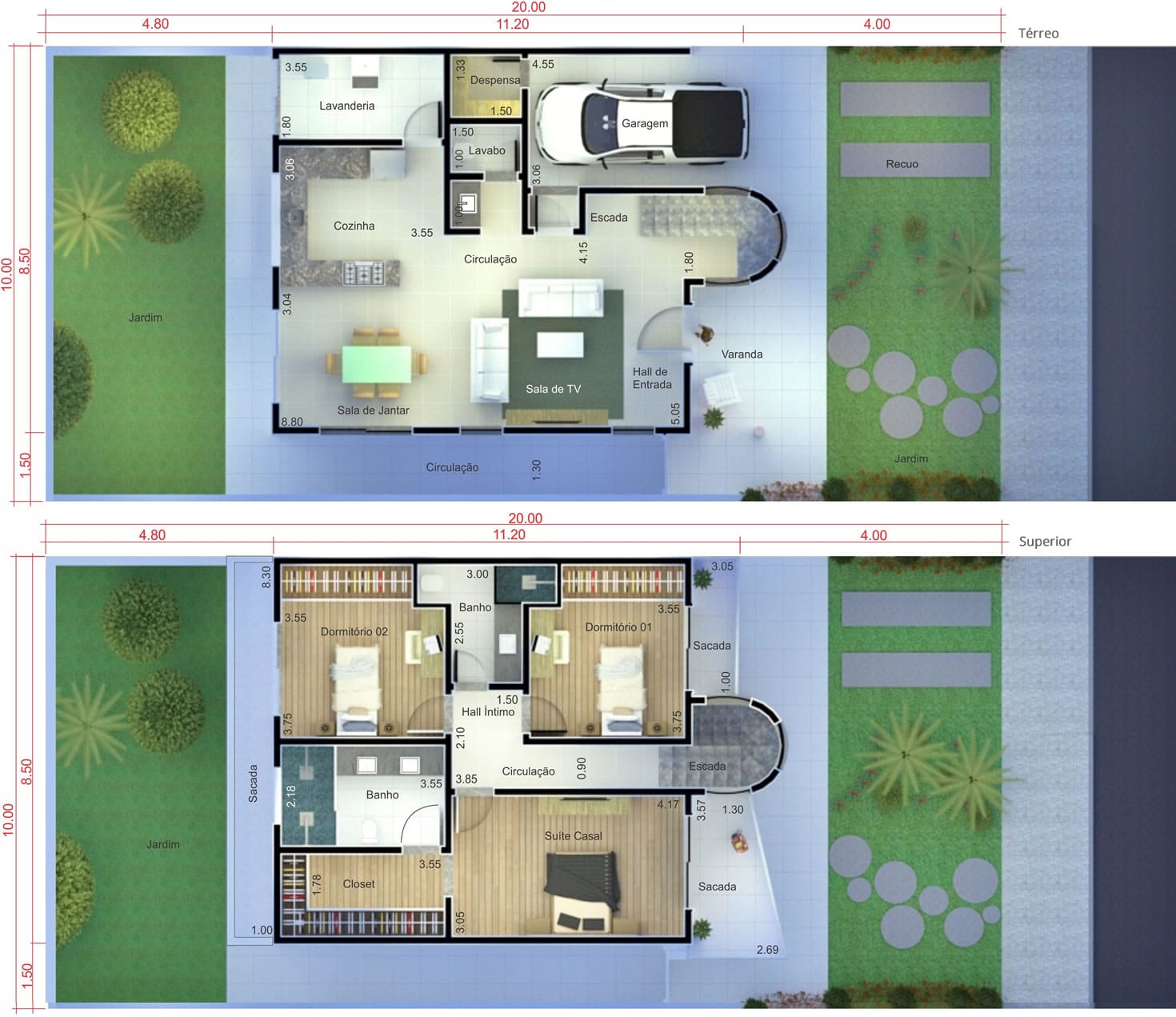 Planta de sobrado contemporâneo. Planta para terreno 10x20