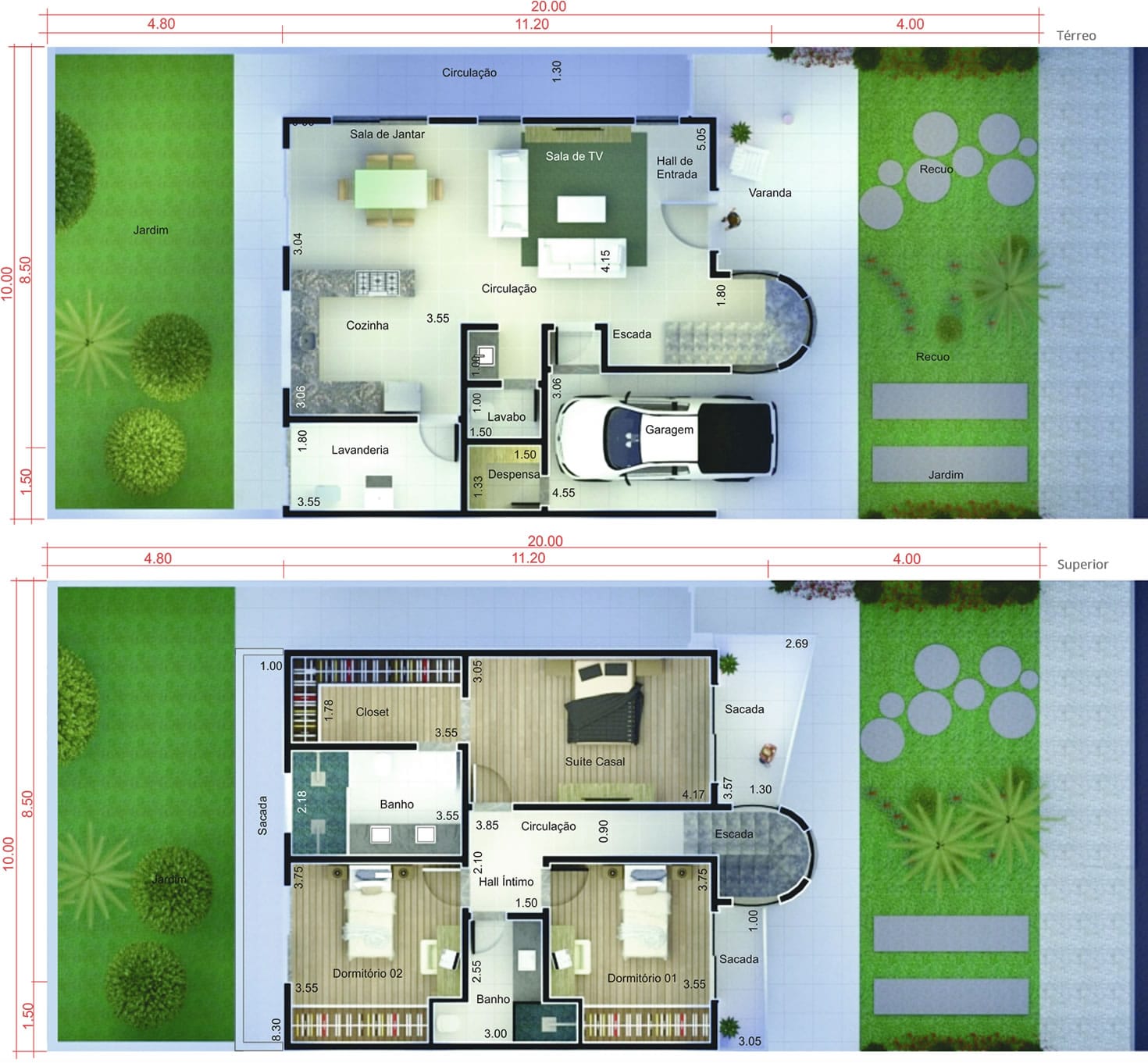 Planta de sobrado contemporâneo. Planta para terreno 10x20