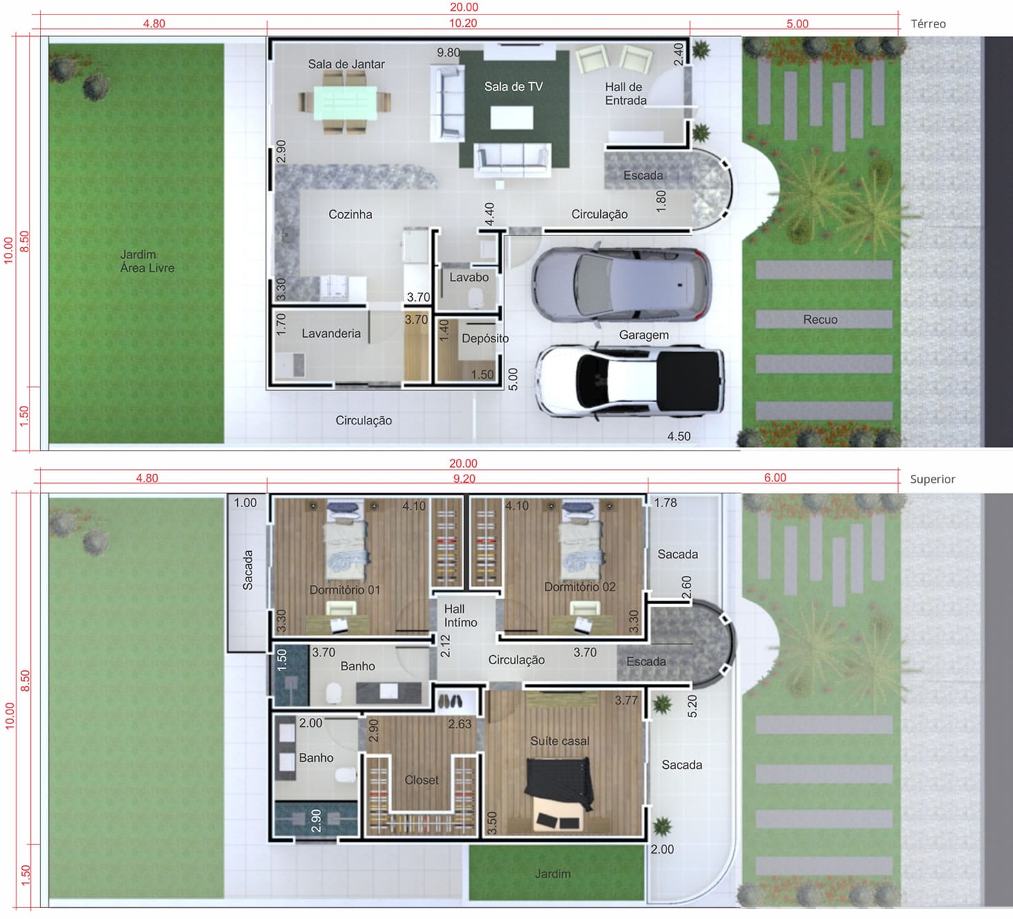 Planta de sobrado moderno pequeno. Planta para terreno 10x20