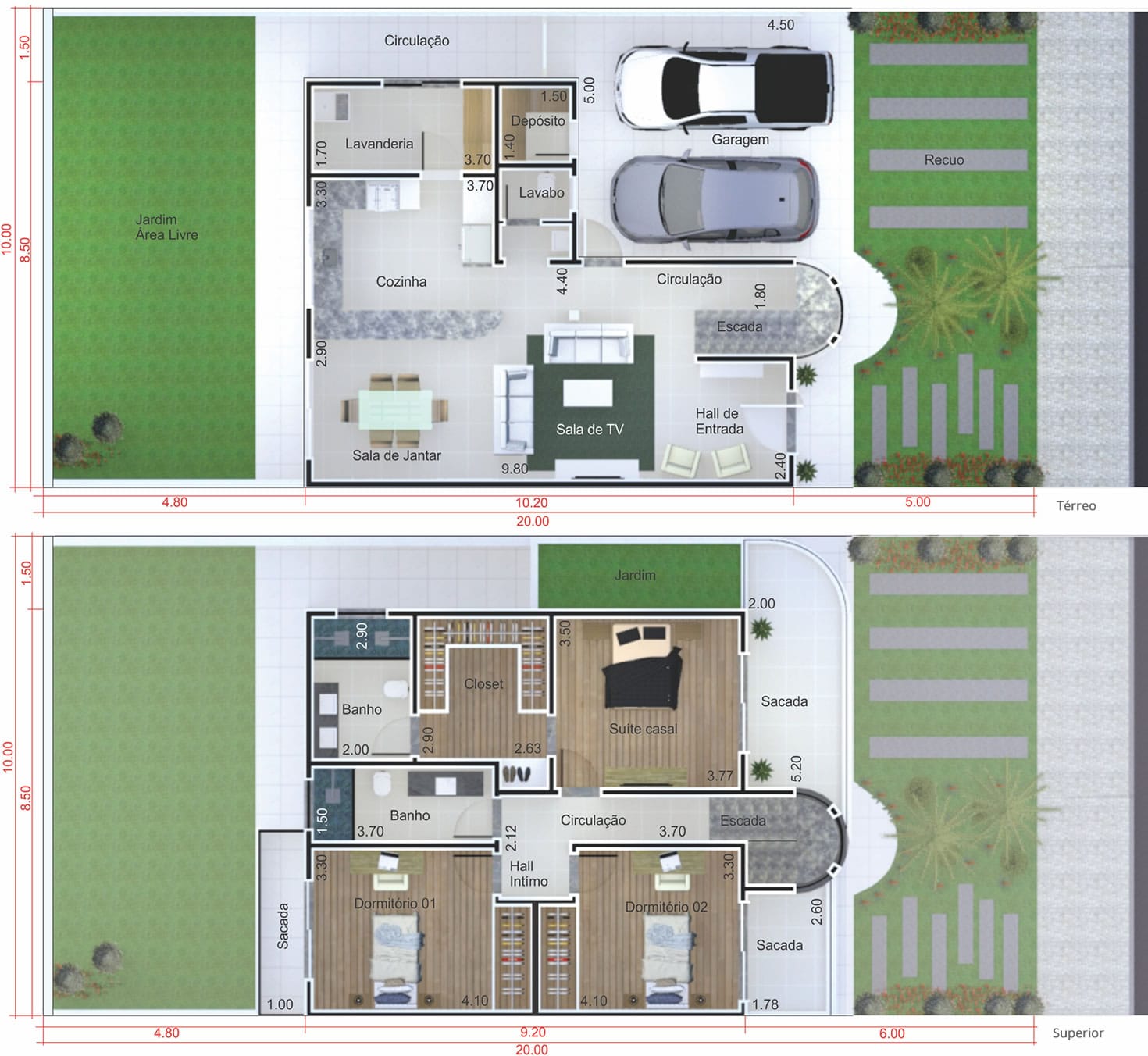 Planta de sobrado moderno pequeno. Planta para terreno 10x20