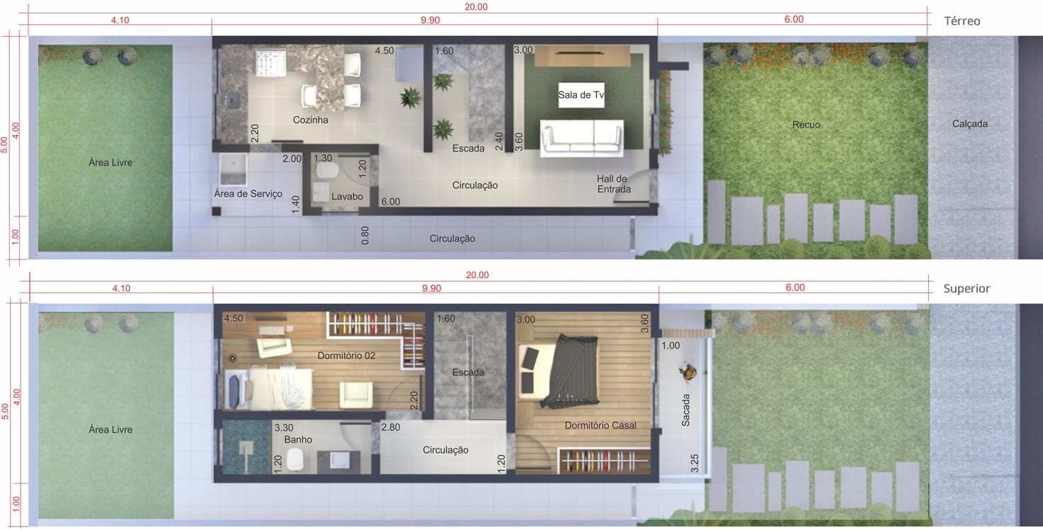 Planta de sobrado pequeno. Planta para terreno 5x20