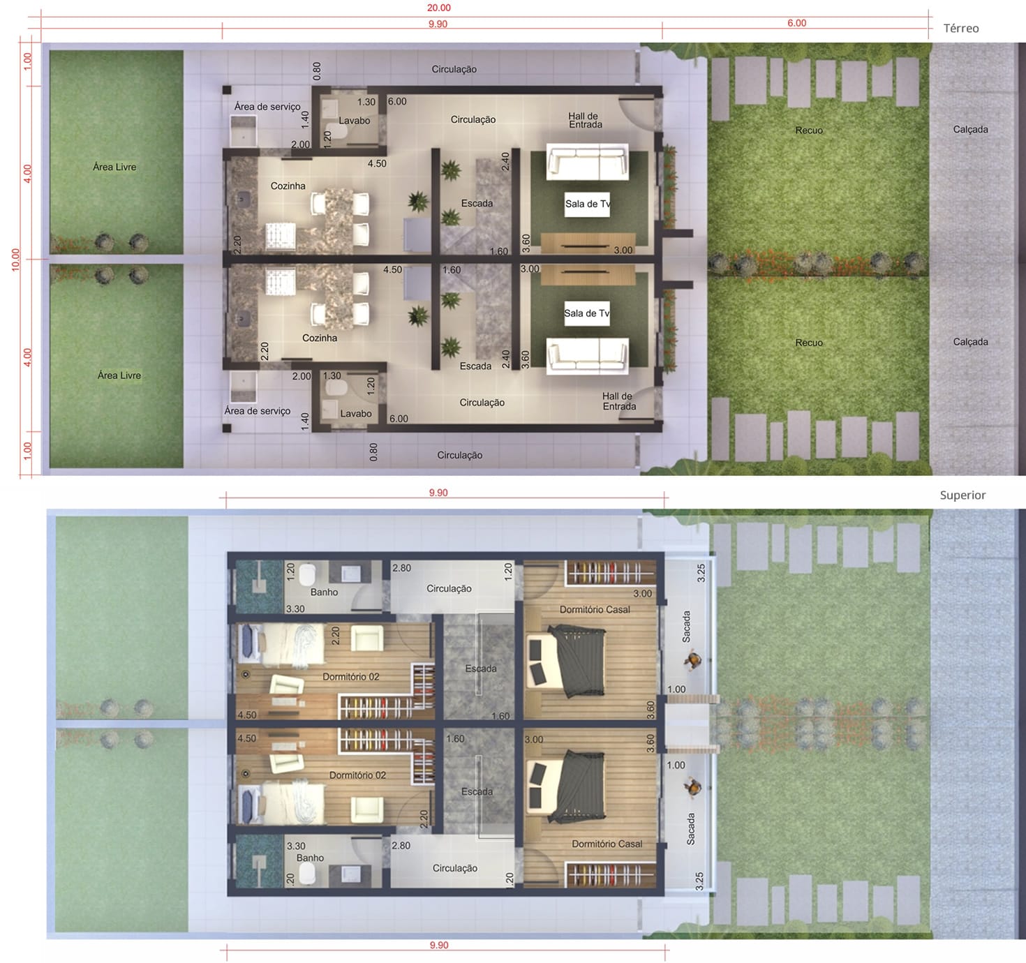 Planta de sobrado geminado pequeno. Planta para terreno 10x20