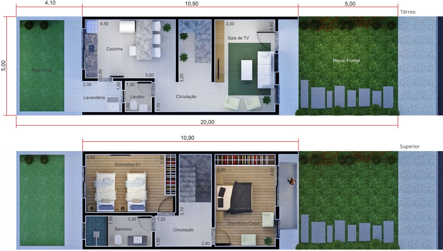 Planta de sobrado simples. Planta para terreno 5x20