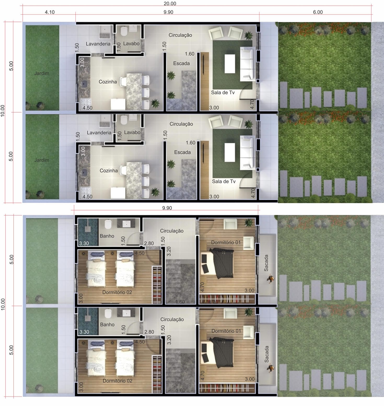 Planta de sobrado geminado simples. Planta para terreno 10x20