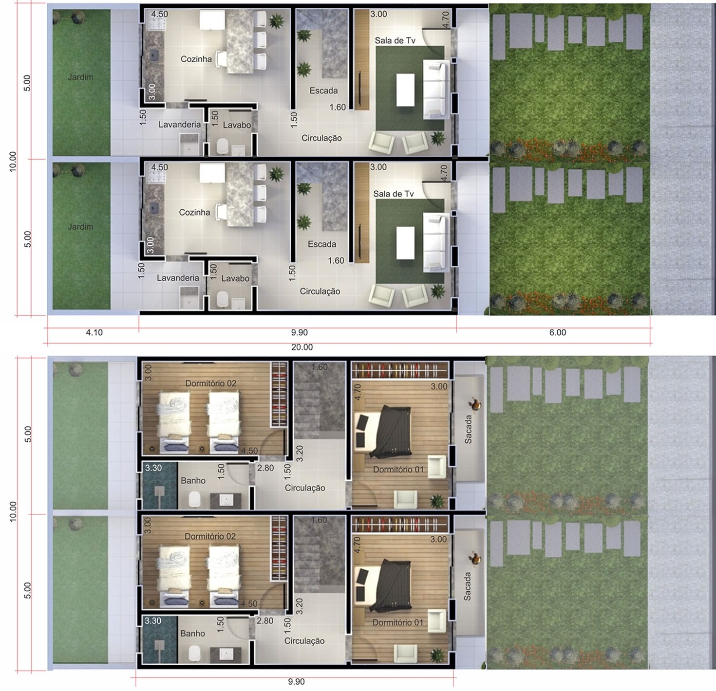 Planta de sobrado geminado simples. Planta para terreno 10x20