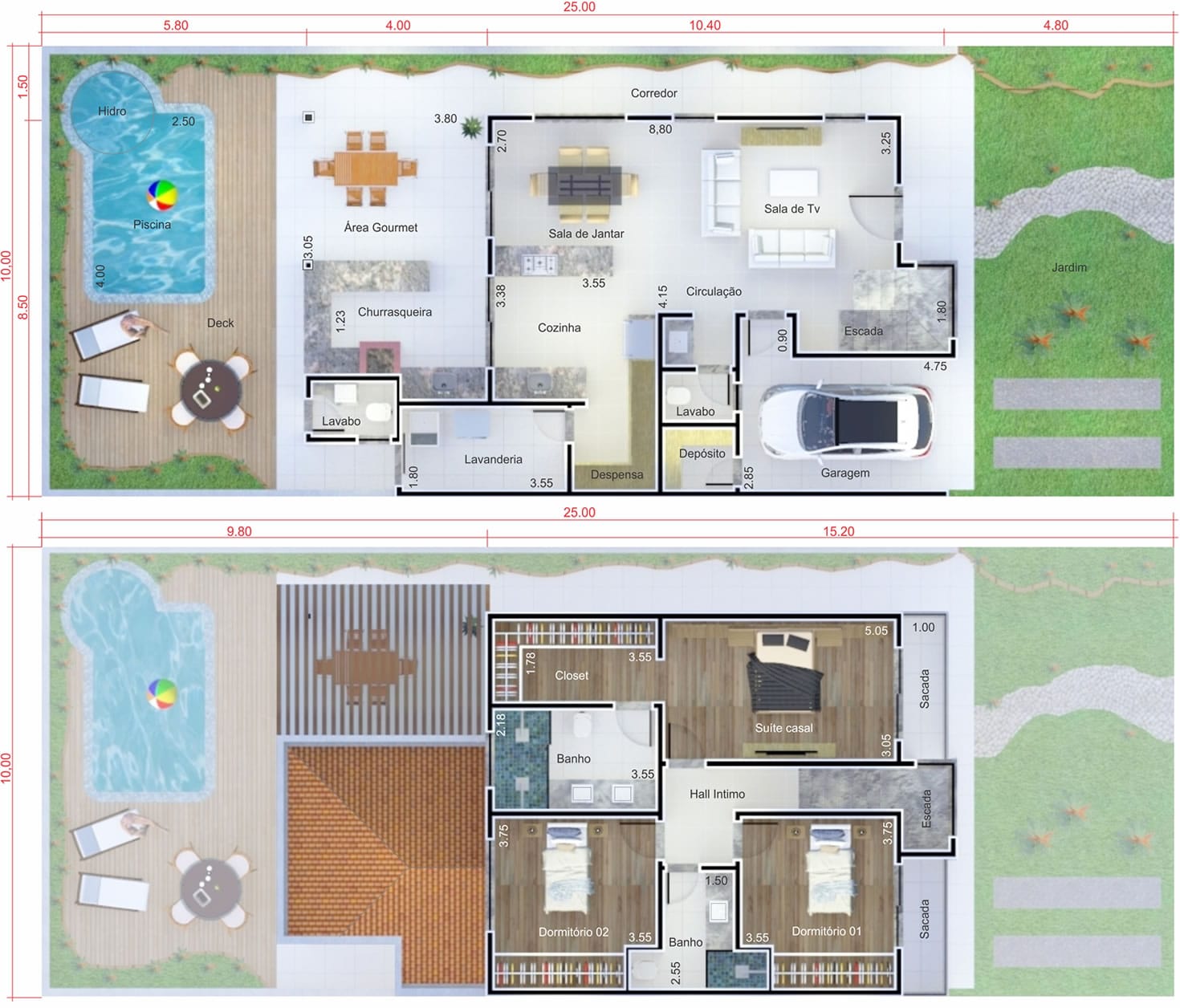 Planta de sobrado com área de lazer. Planta para terreno 10x25