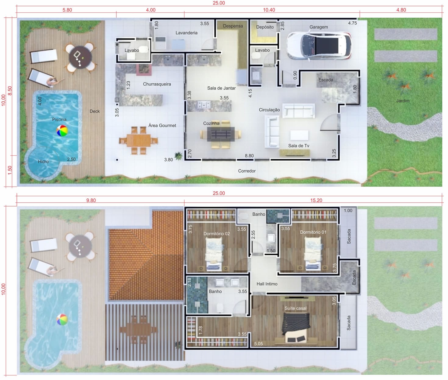 Planta de sobrado com área de lazer. Planta para terreno 10x25