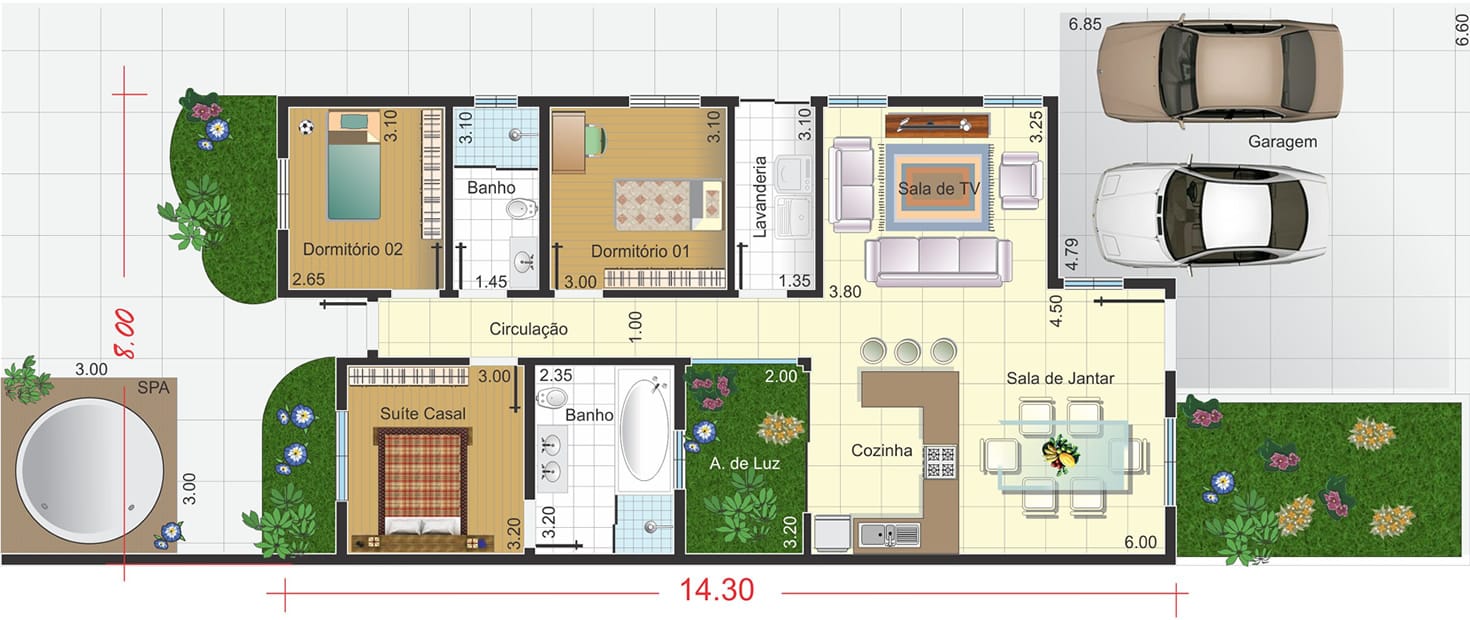 Planta de casa térrea com garagem ampla. Planta para terreno 10x25