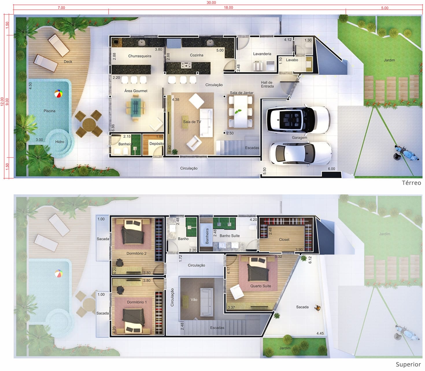 Projeto de sobrado com design inovador. Planta para terreno 12x30