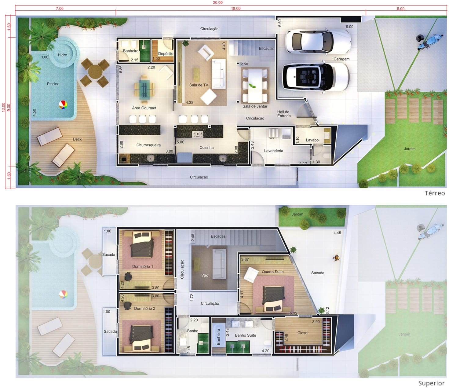 Projeto de sobrado com design inovador. Planta para terreno 12x30