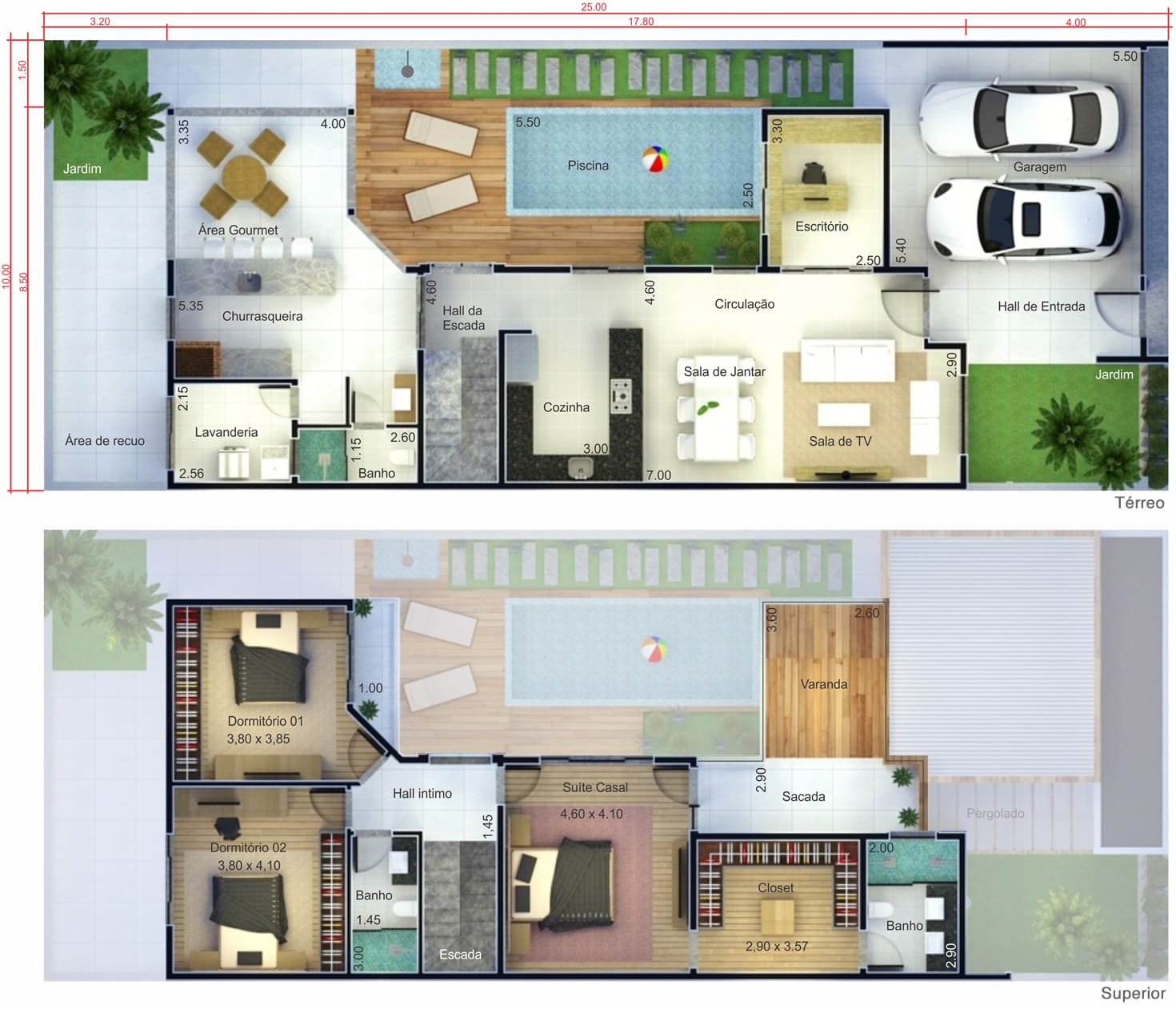 Projeto de sobrado com terraço. Planta para terreno 10x25