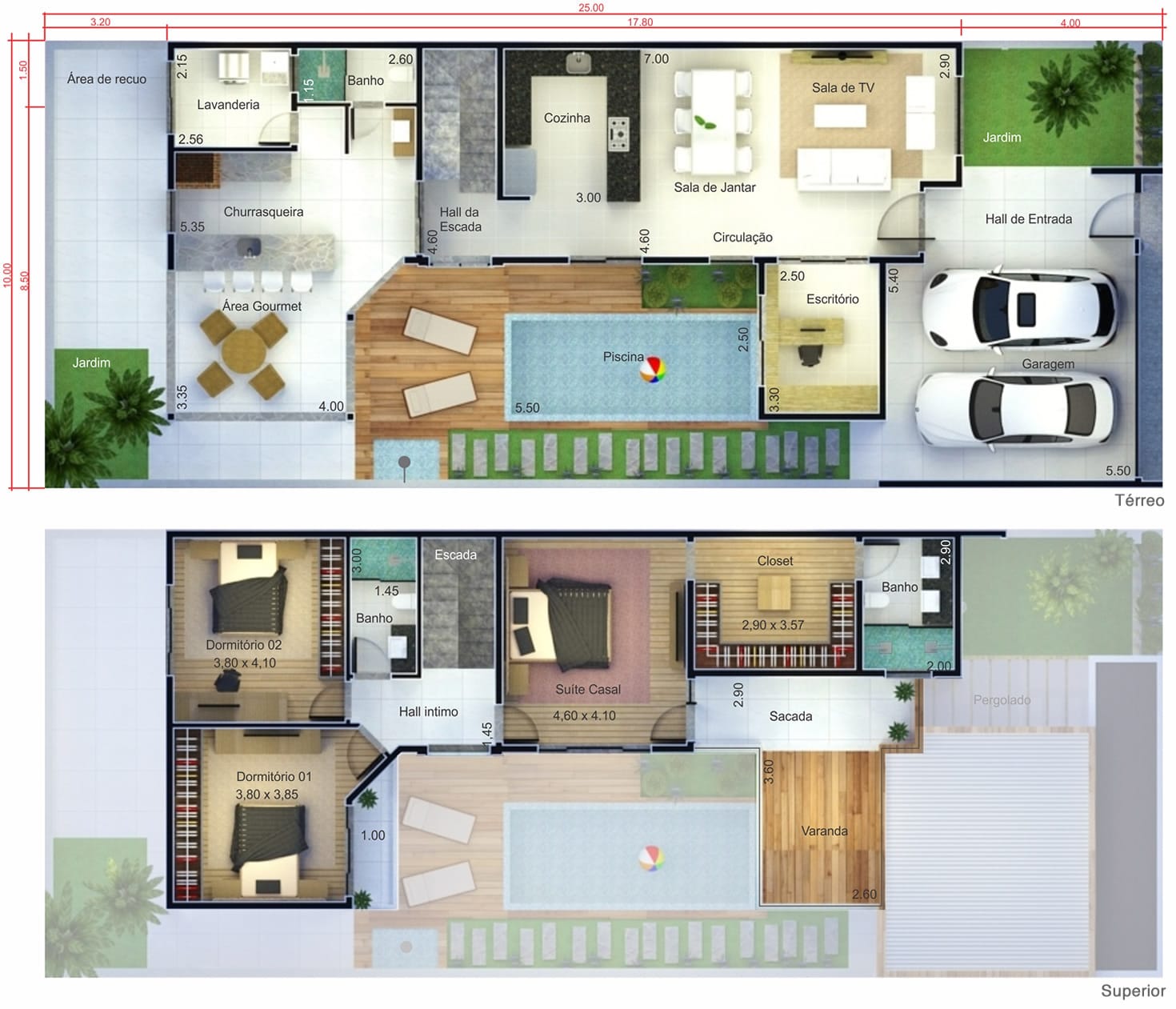 Projeto de sobrado com terraço. Planta para terreno 10x25