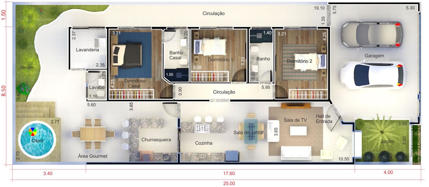 Planta de casa com fachada de madeira. Planta para terreno 10x25