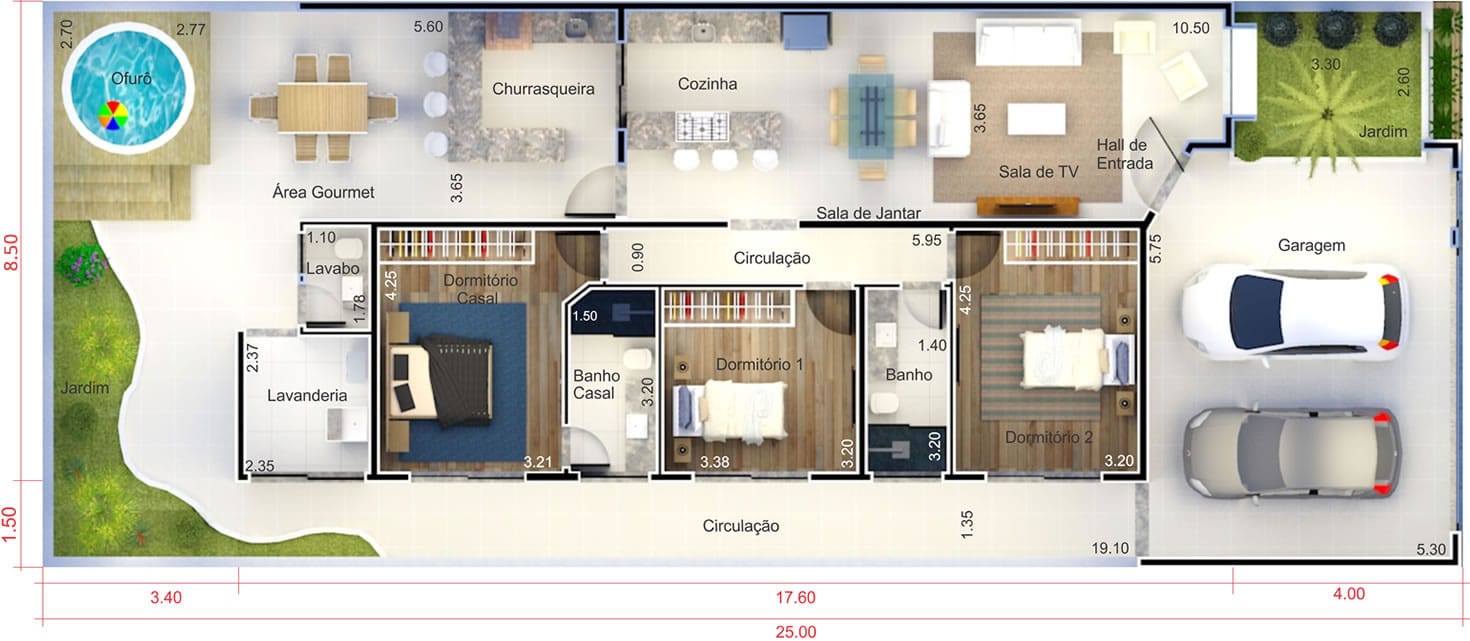 Planta de casa com fachada de madeira. Planta para terreno 10x25