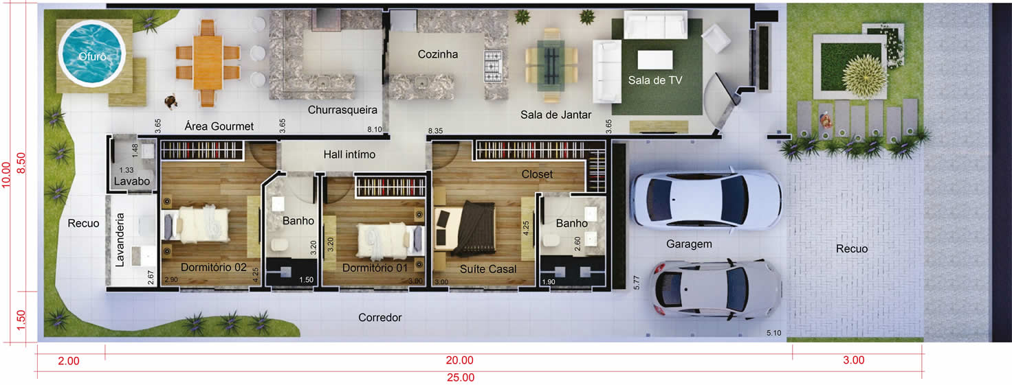 Planta de casa com área de lazer. Planta para terreno 10x25