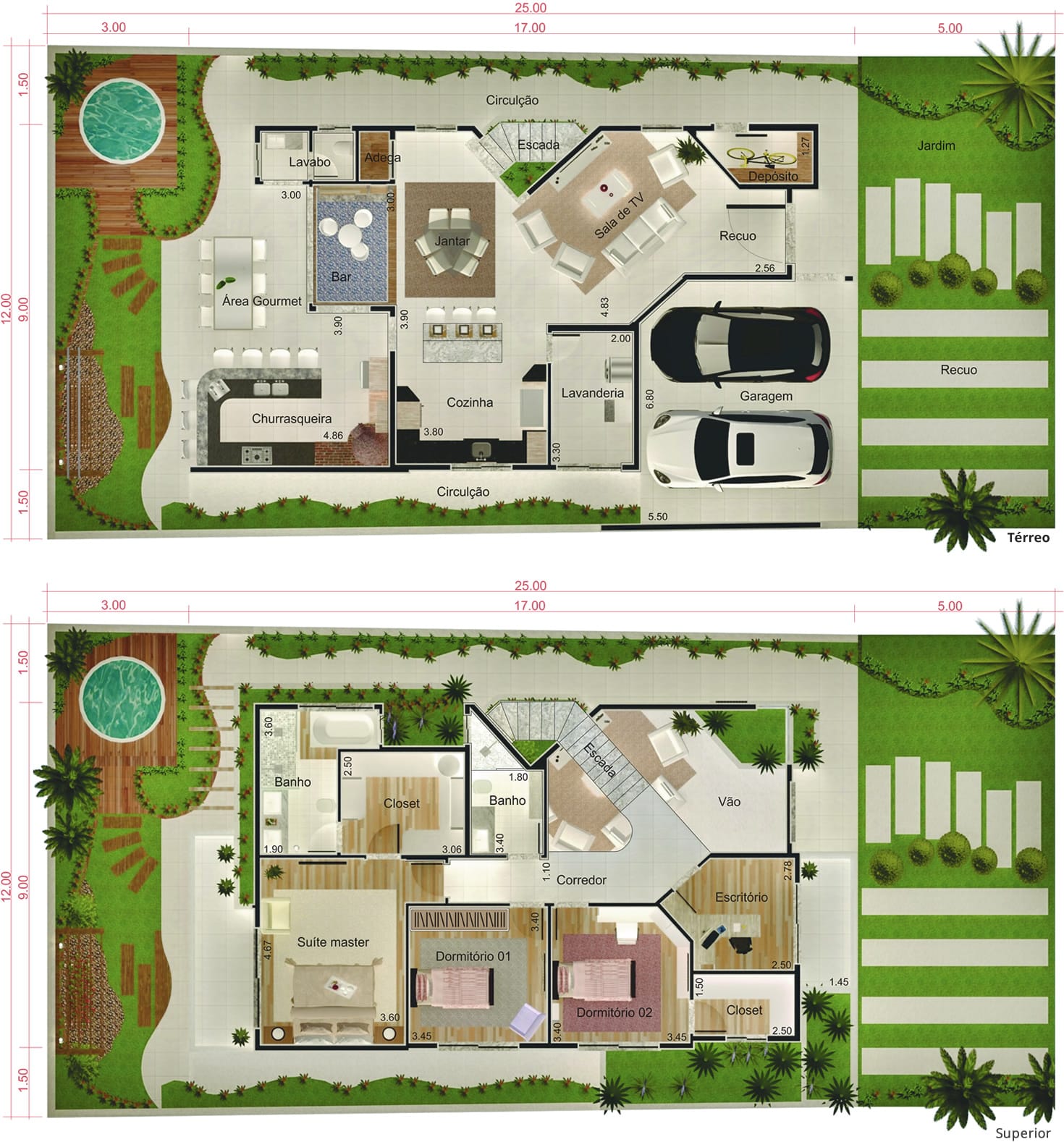 Planta de sobrado com escritório. Planta para terreno 12x25