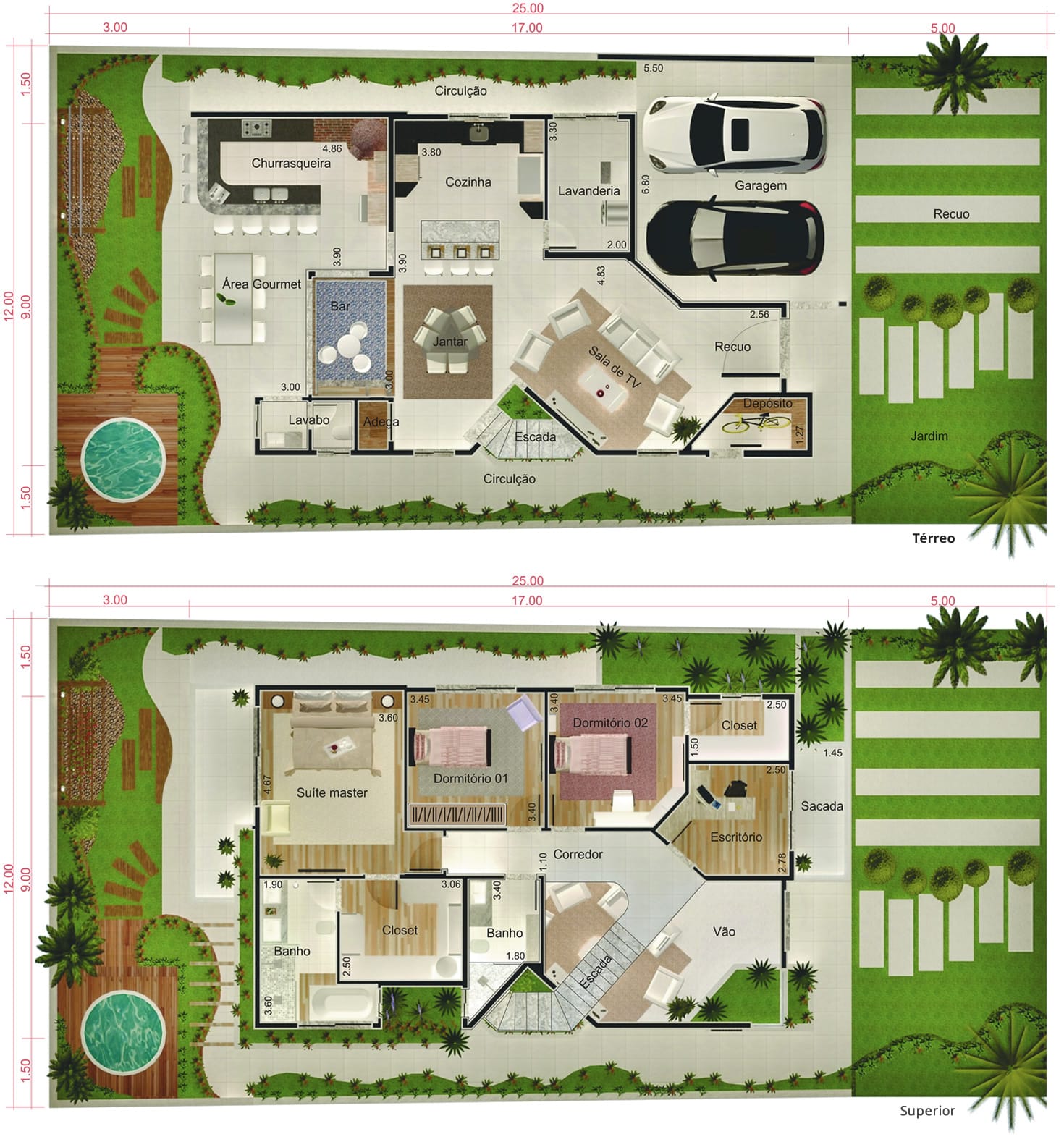 Planta de sobrado com escritório. Planta para terreno 12x25