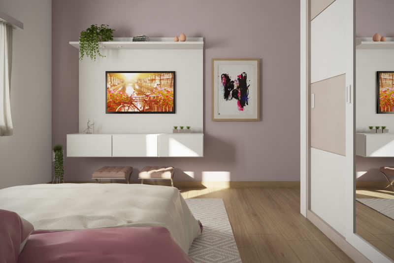 Quarto rosa com TV