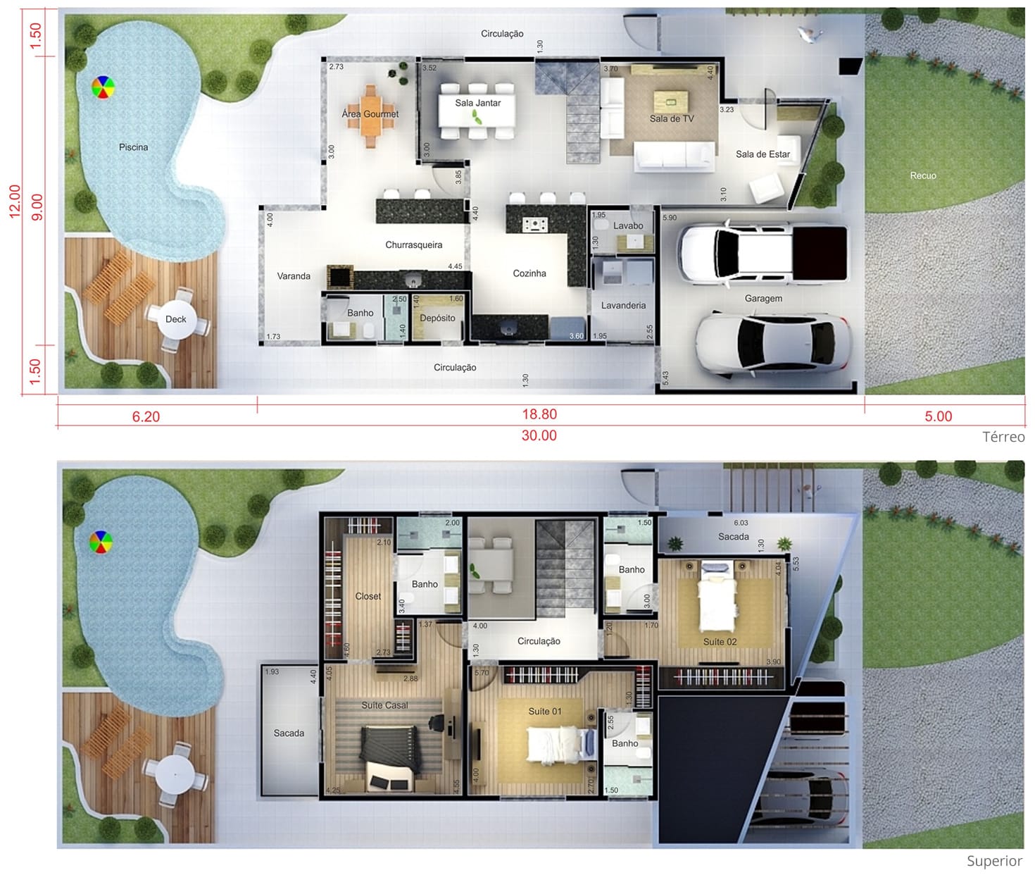 Sobrado com revestimento de madeira. Planta para terreno 12x30