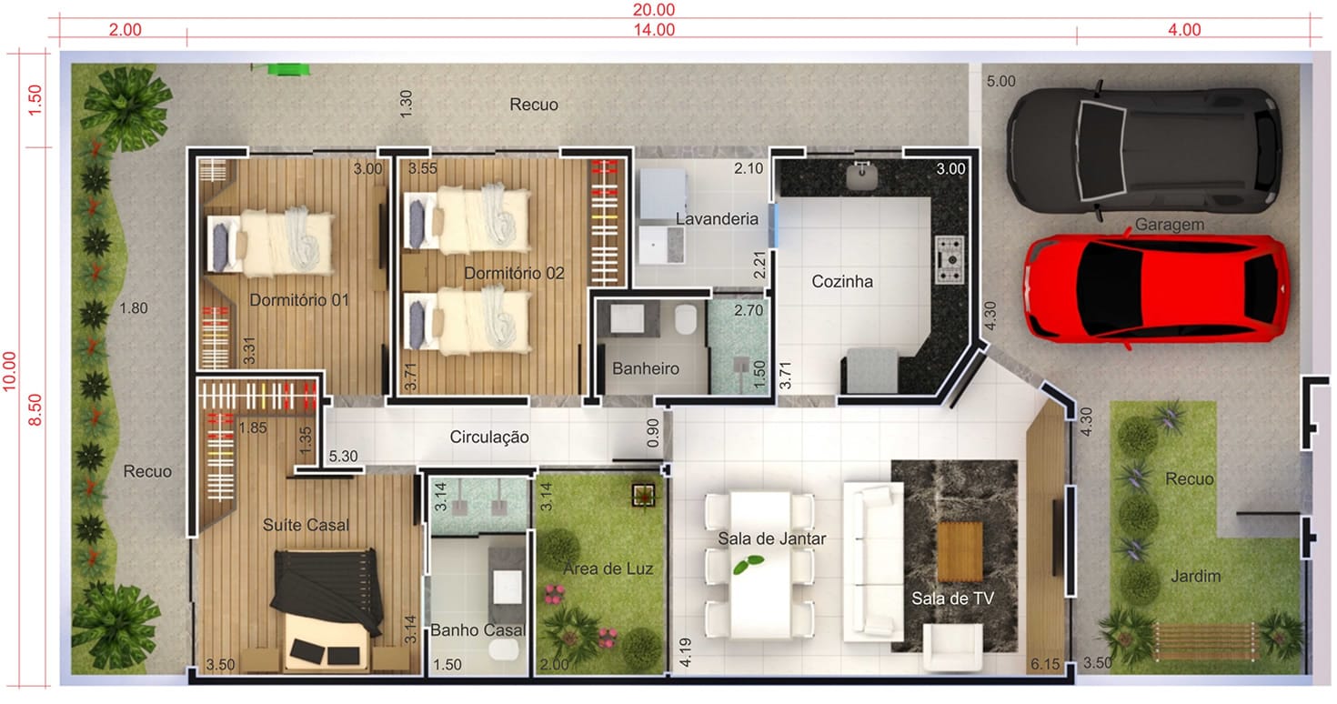 Casa com pé direito alto e área de luz. Planta para terreno 10x20