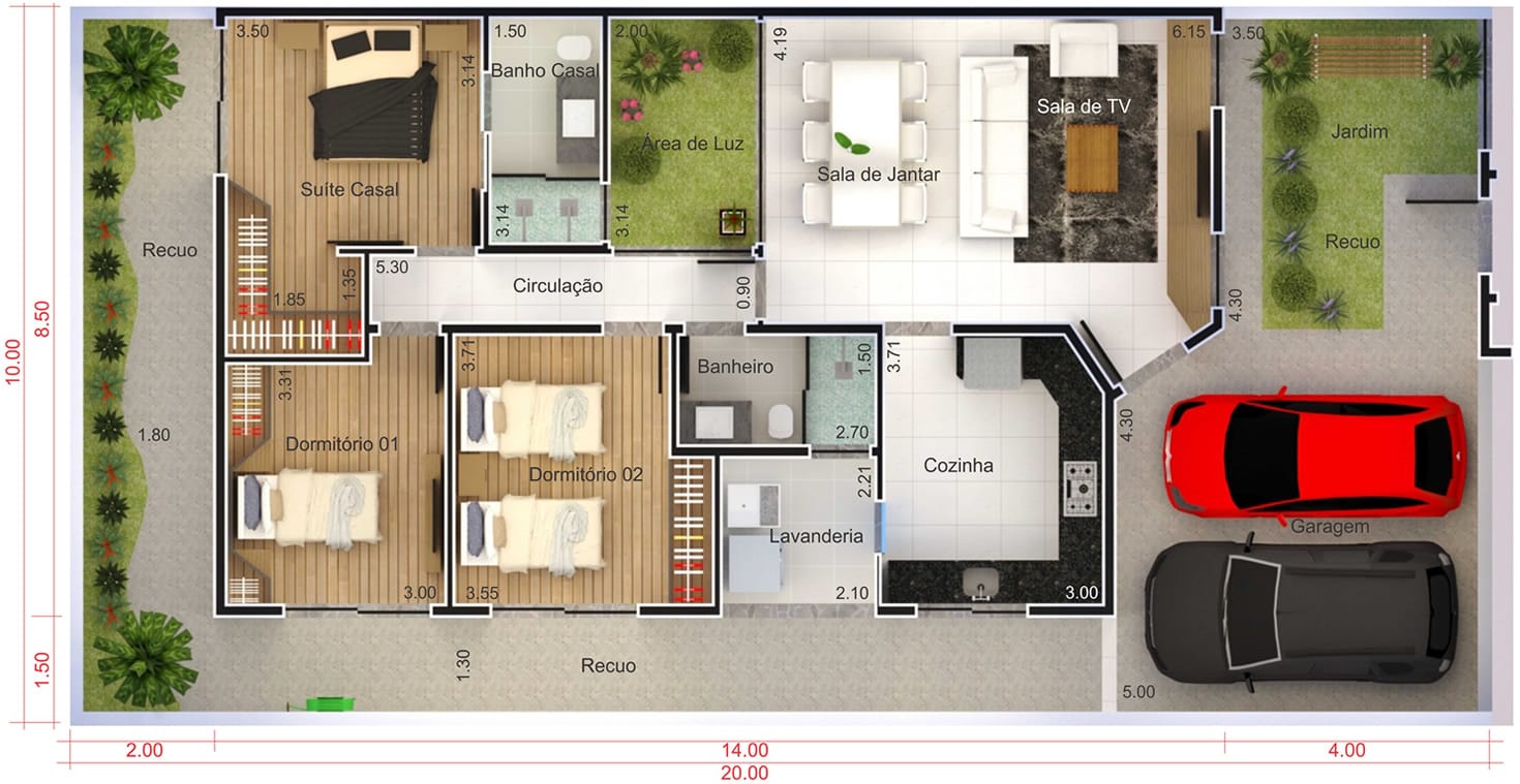 Casa com pé direito alto e área de luz. Planta para terreno 10x20