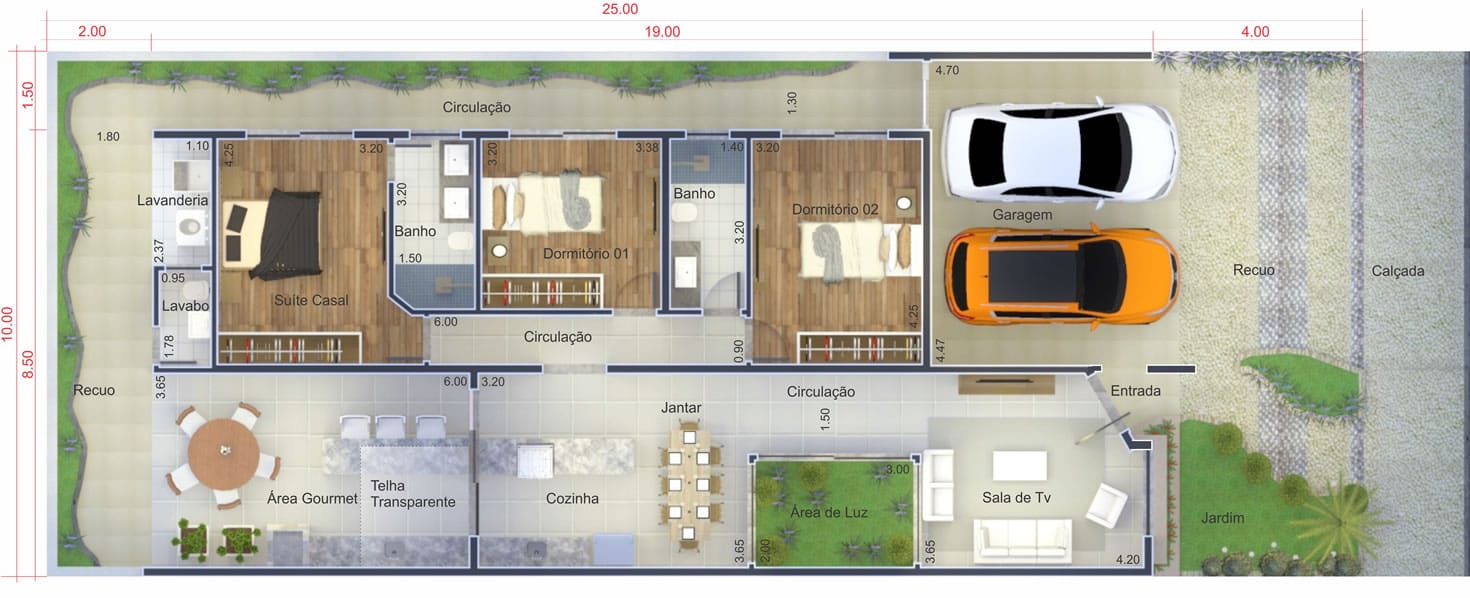 Planta de casa com ambientes integrados. Planta para terreno 10x25