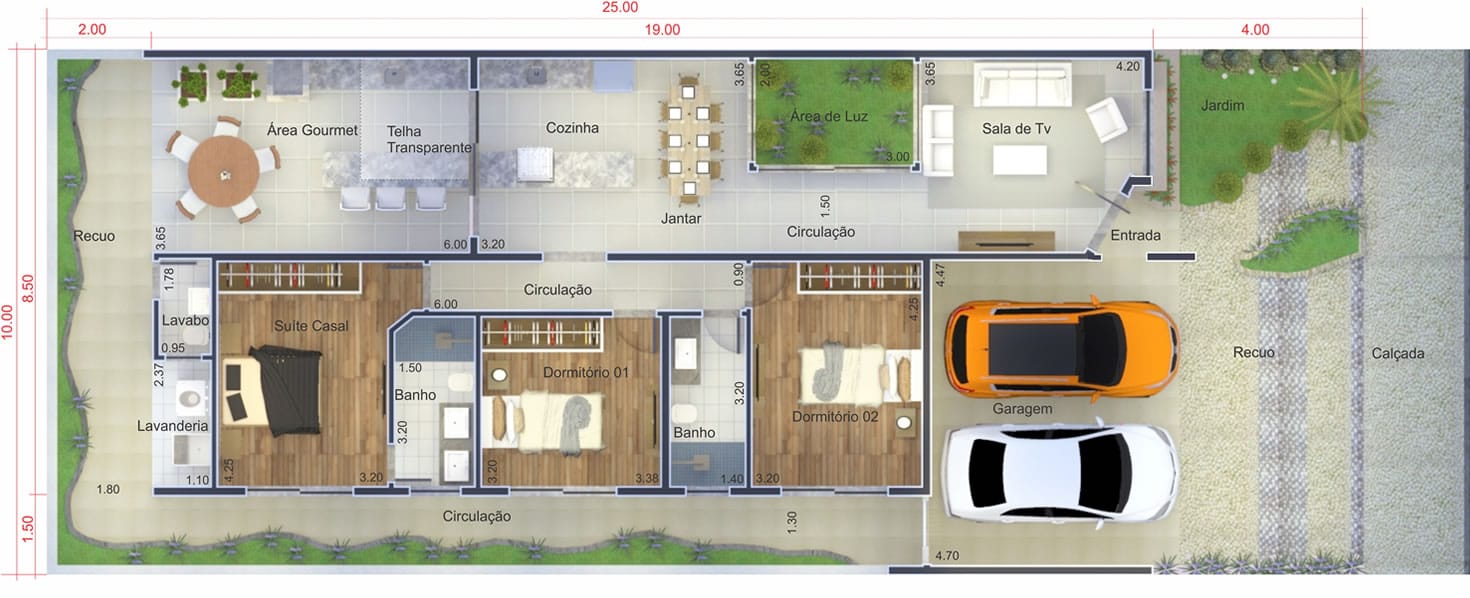 Planta de casa com ambientes integrados. Planta para terreno 10x25