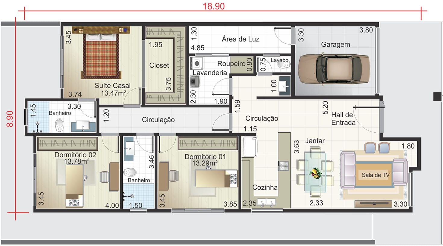 Casa térrea com fachada de pedra. Planta para terreno 10,60x25