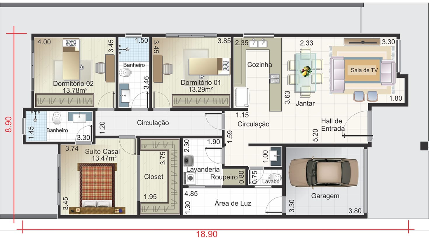 Casa térrea com fachada de pedra. Planta para terreno 10,60x25