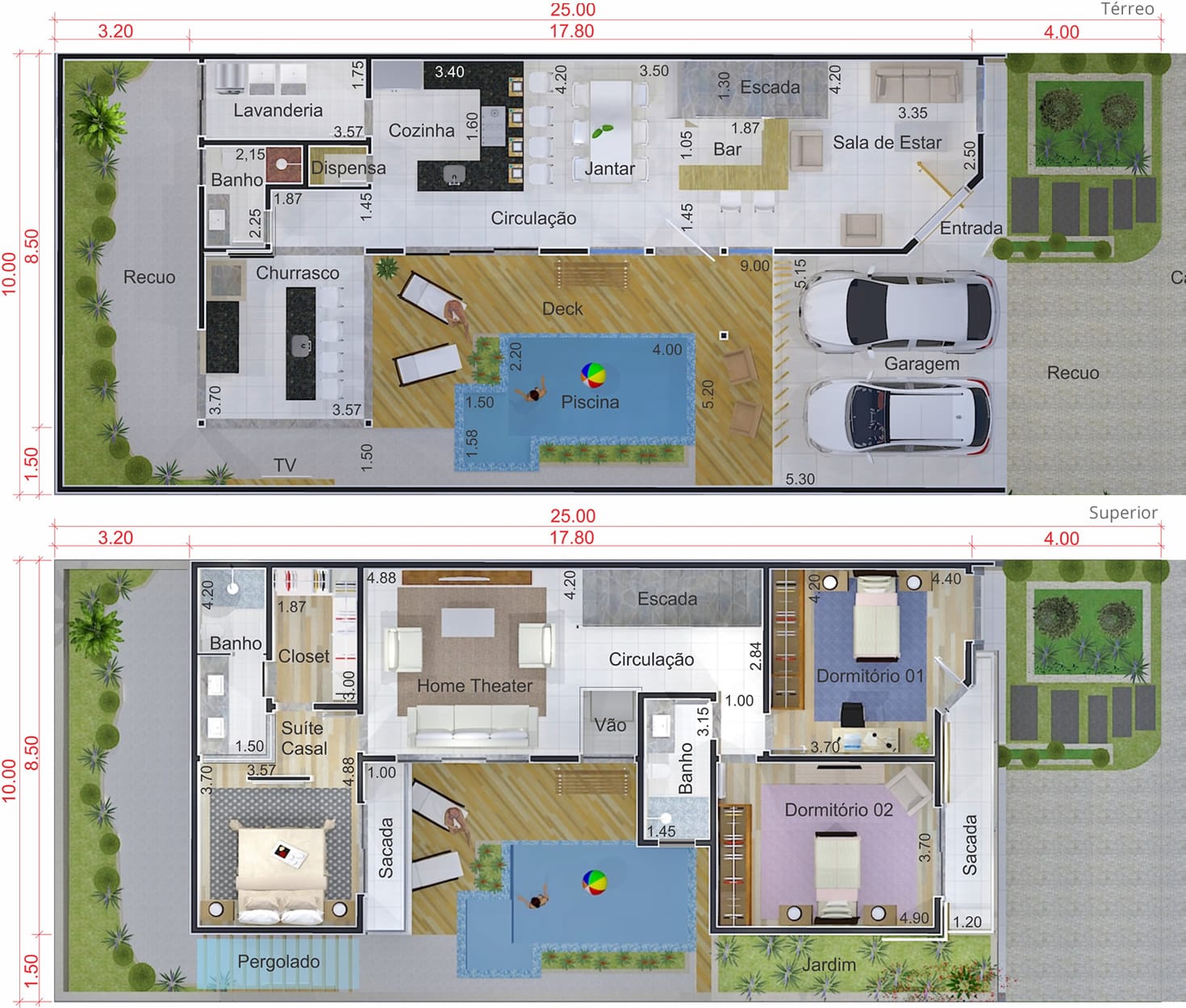 Projeto com fachada em madeira. Planta para terreno 10x25