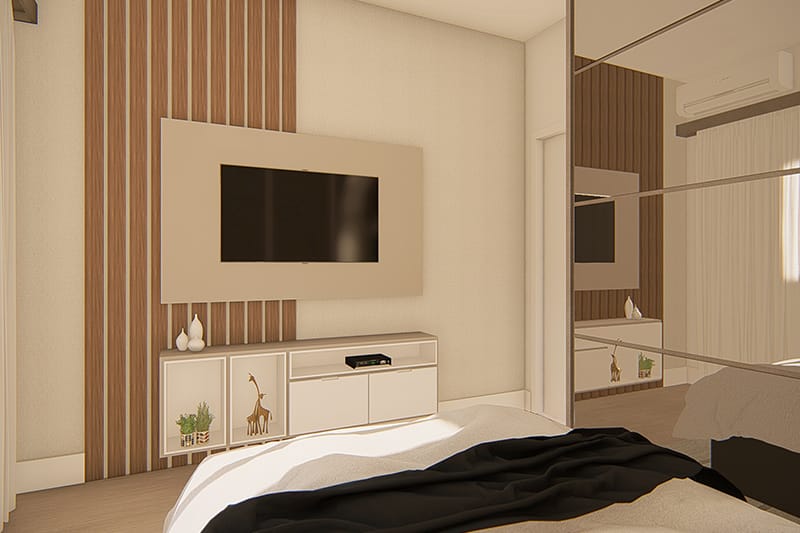 Quarto com painel da TV em madeira