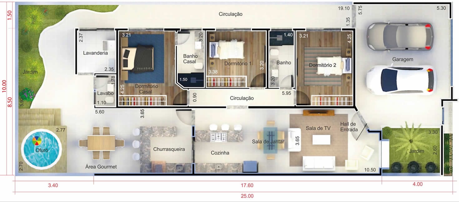 Planta de casa com portão fechado. Planta para terreno 10x25