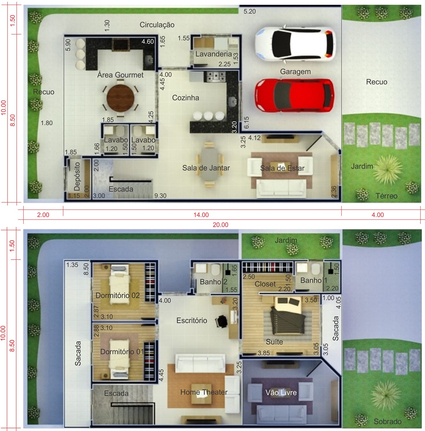 Planta de sobrado com varanda. Planta para terreno 10x20