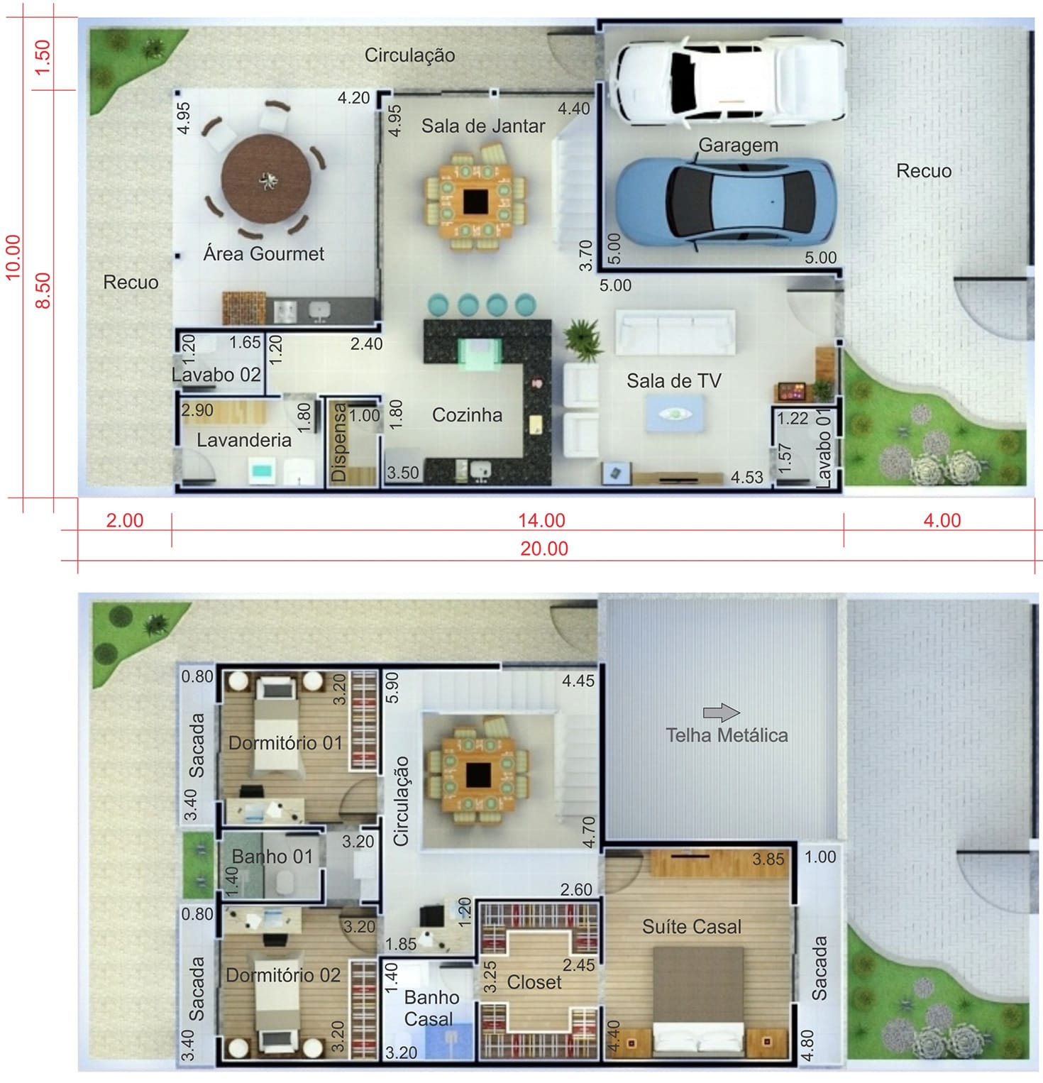 Planta de sobrado com telhado embutido. Planta para terreno 10x20