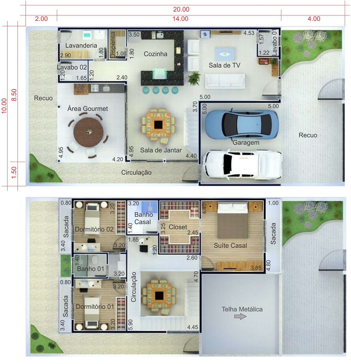 Planta de sobrado com telhado embutido. Planta para terreno 10x20